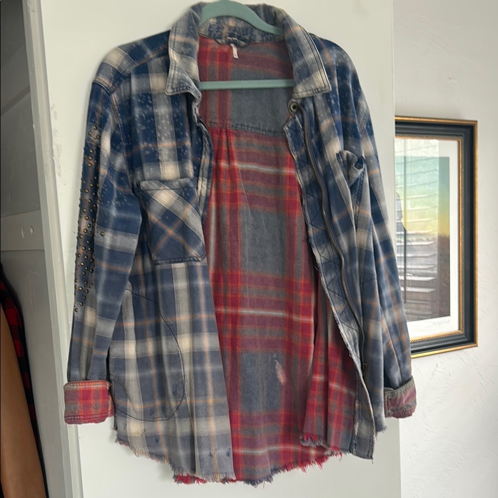 Plaid Flannel Jacket with Studded Sleeves